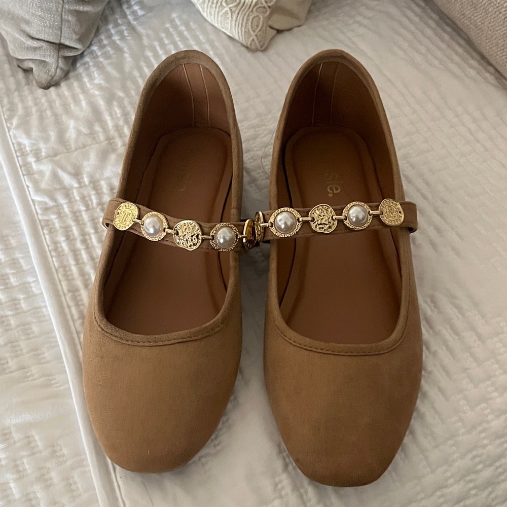 Kensie Brown Mary Jane Flats with Pearl & Gold Medallion Strap